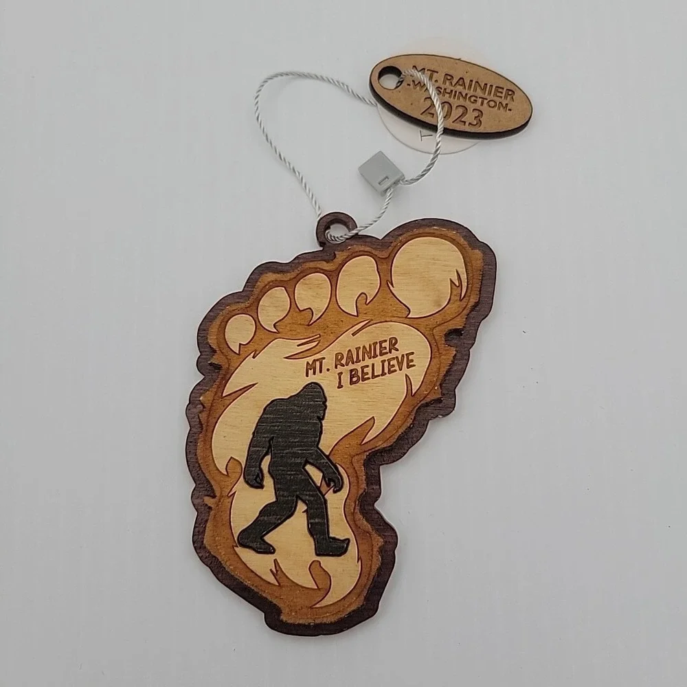 Mt. Rainier Washington Christmas Ornament Bigfoot I Believe 2023 Wood Footprint